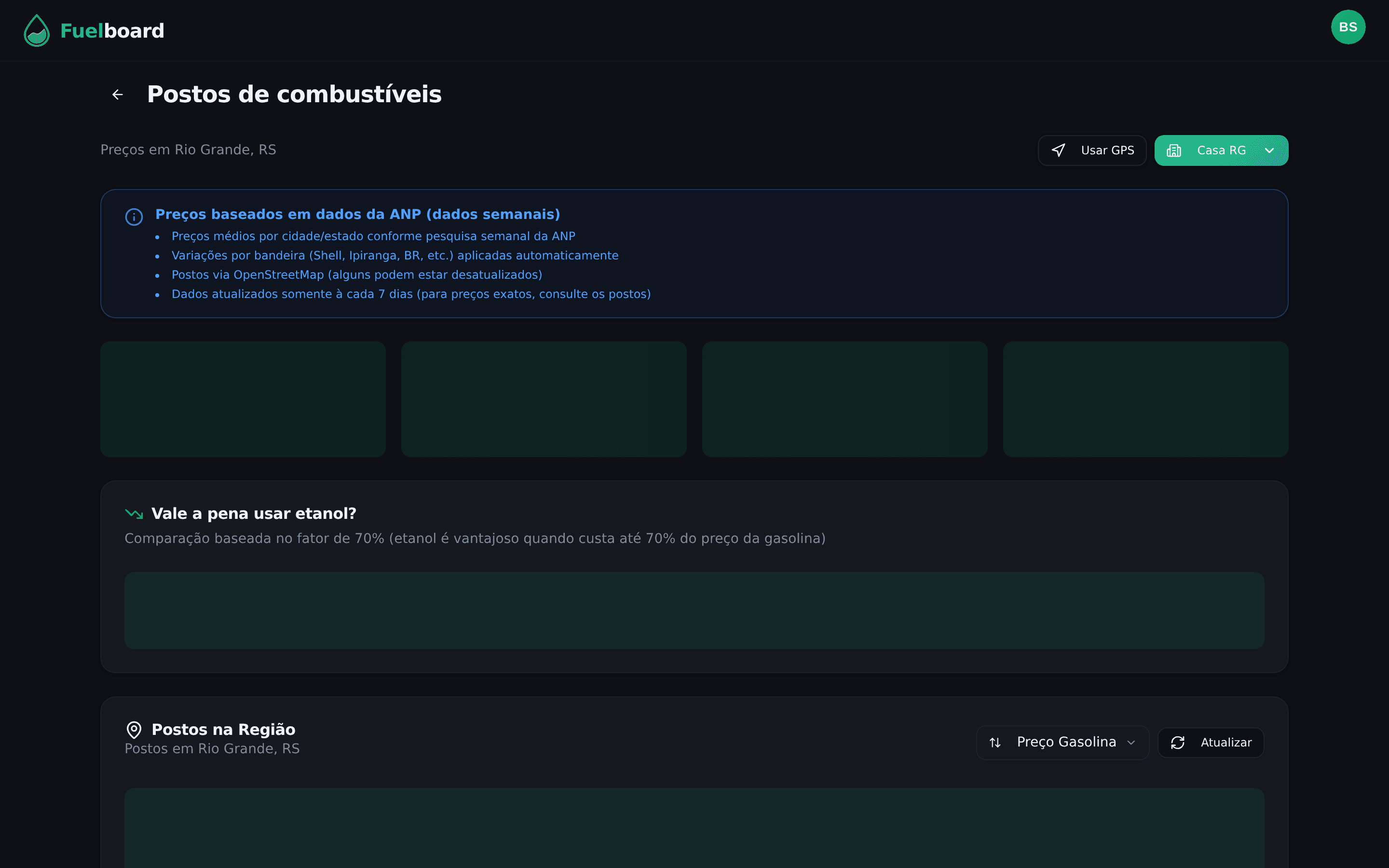 Preços de combustível com GPS, localidades e recomendação de etanol